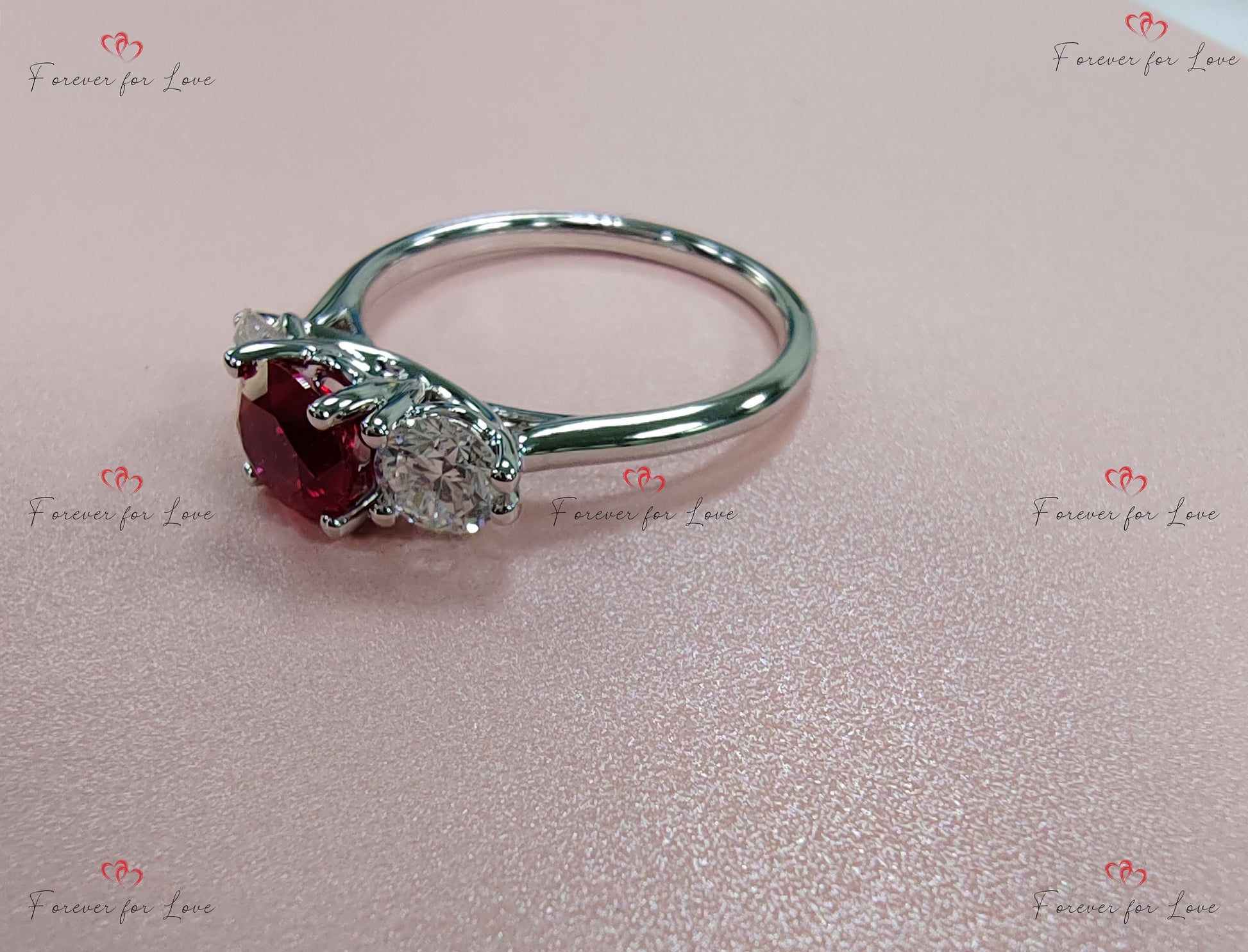 Natural Diamond, Ruby Three Stone Engagement Ring