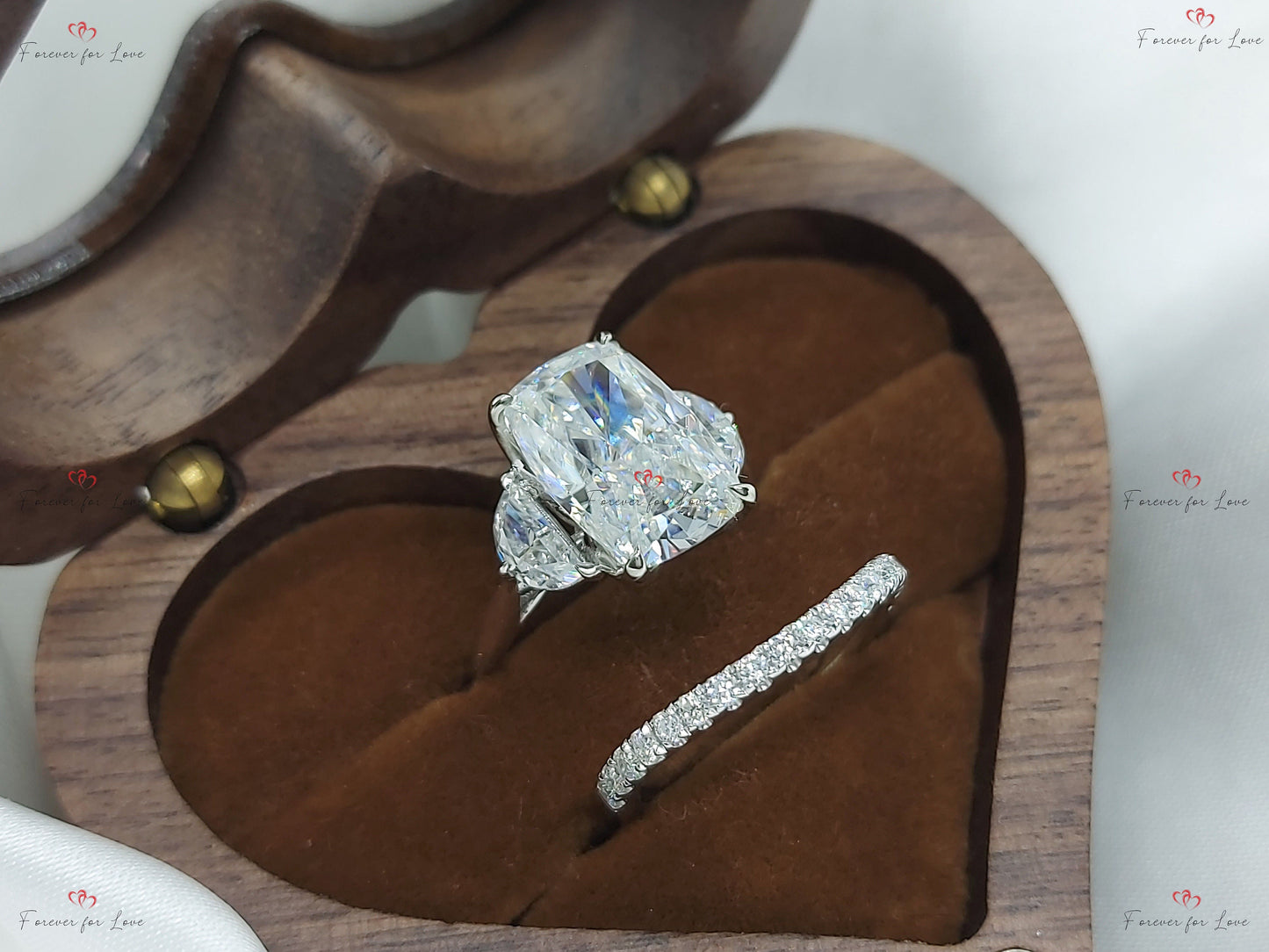 4.6 Ct Cushion Moissanite Three Stone Ring Cushion cut Moissanite Brilliant Cut engagement ring in 935 Argentium Silver — custom handcrafted by Forever For Love