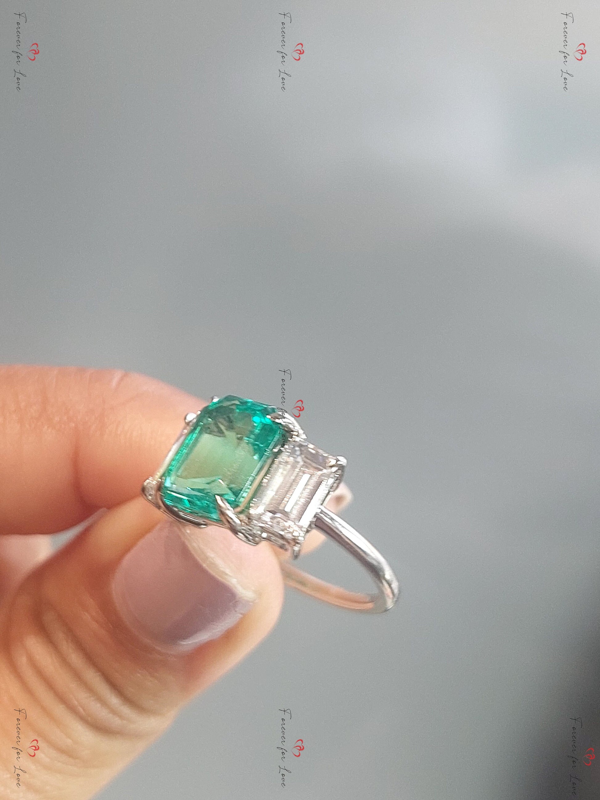 Emerald and moissanite engagement wedding set handmade in white/rose/yellow gold or platinum Emerald bridal ring set Emerald Proposal Ring