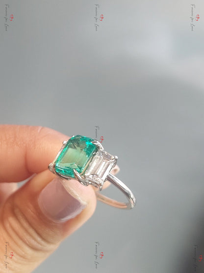 Emerald and moissanite engagement wedding set handmade in white/rose/yellow gold or platinum Emerald bridal ring set Emerald Proposal Ring