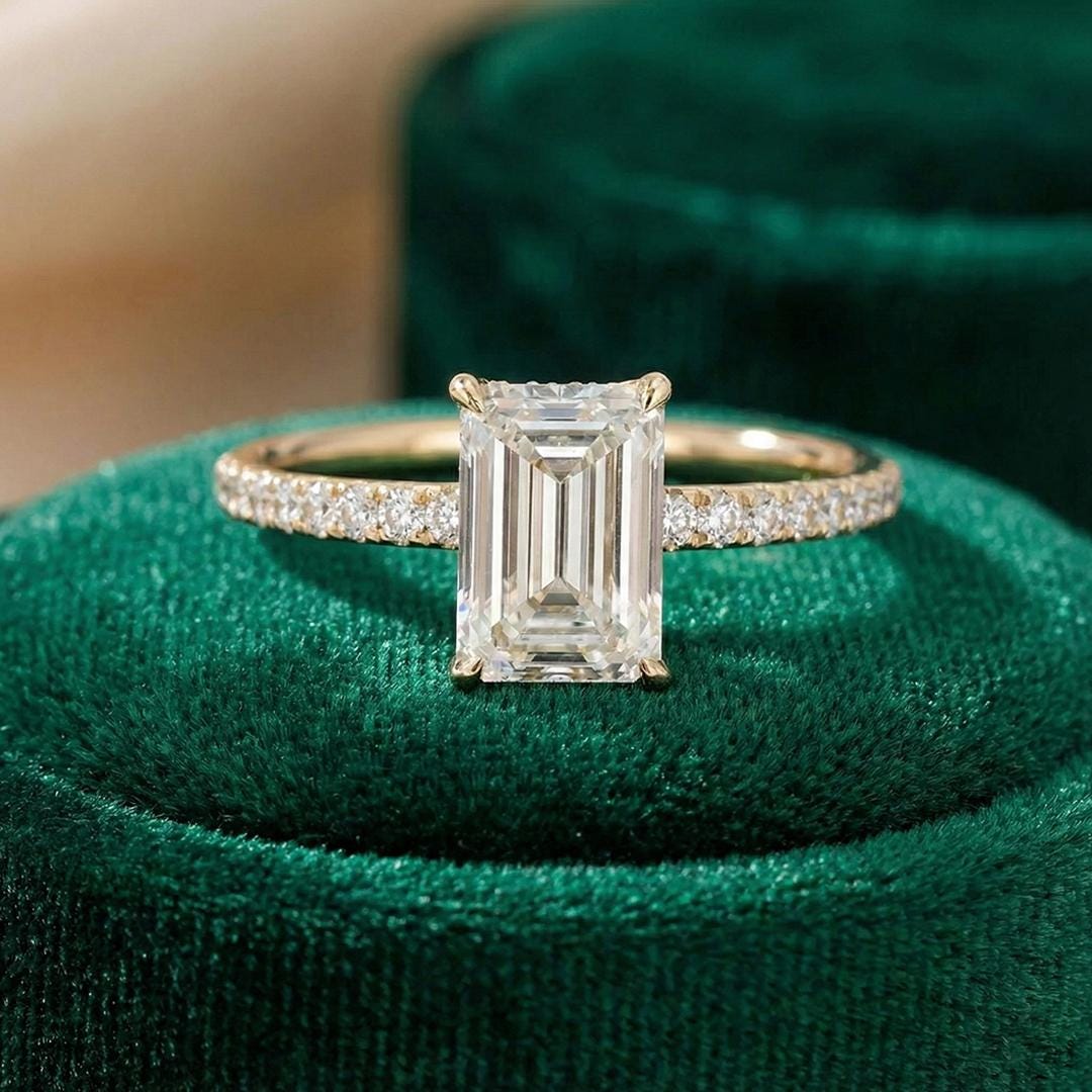 1.5 Ct IGI Certified Emerald Lab Diamond Hidden Halo Engagement Ring Emerald cut 1Ct Moissanite Brilliant Cut engagement ring in 935 Argentium Silver — custom handcrafted by Forever For Love