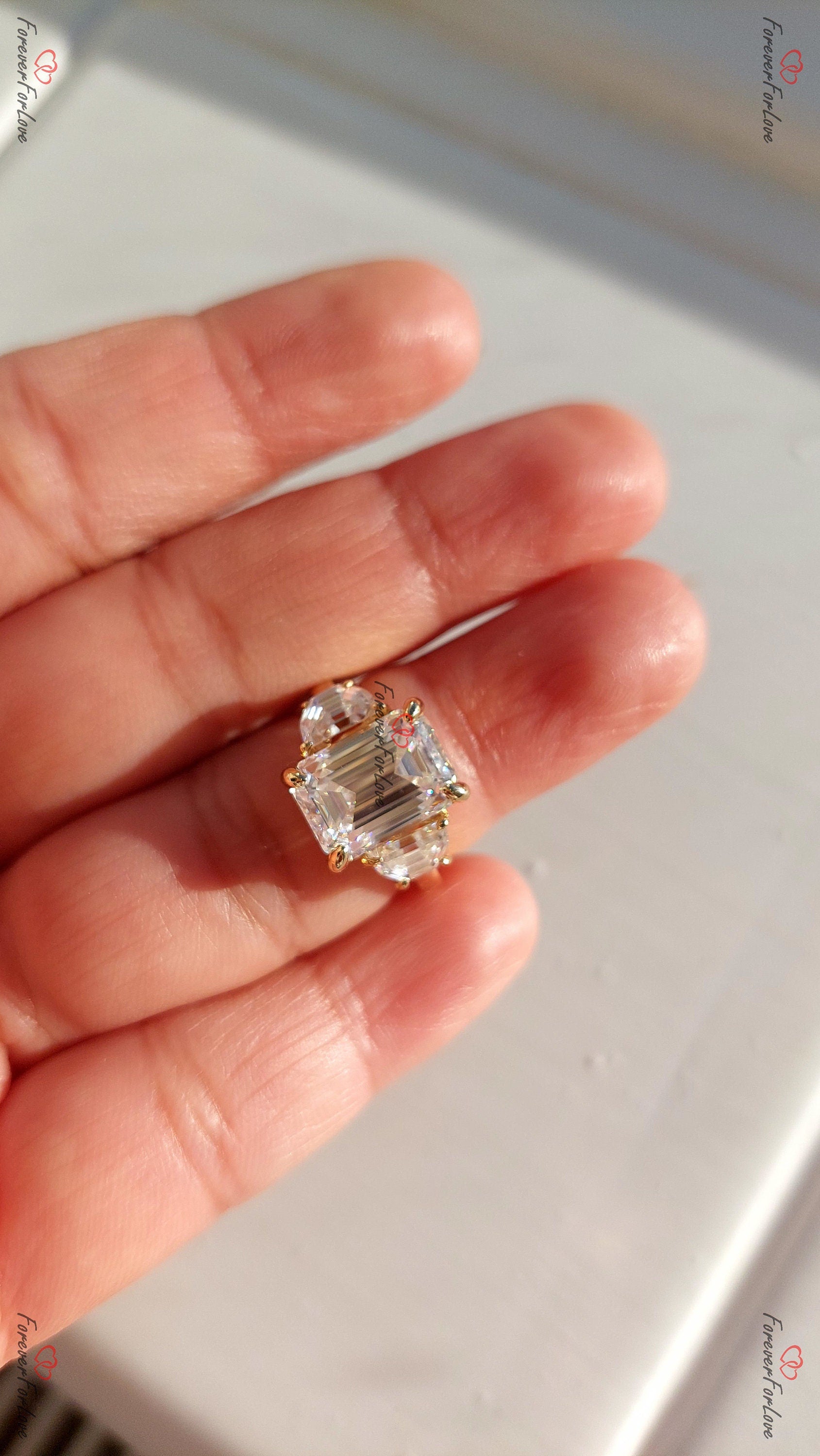 5 Ct Emerald Moissanite, Moonstone Three Stone Engagement Ring