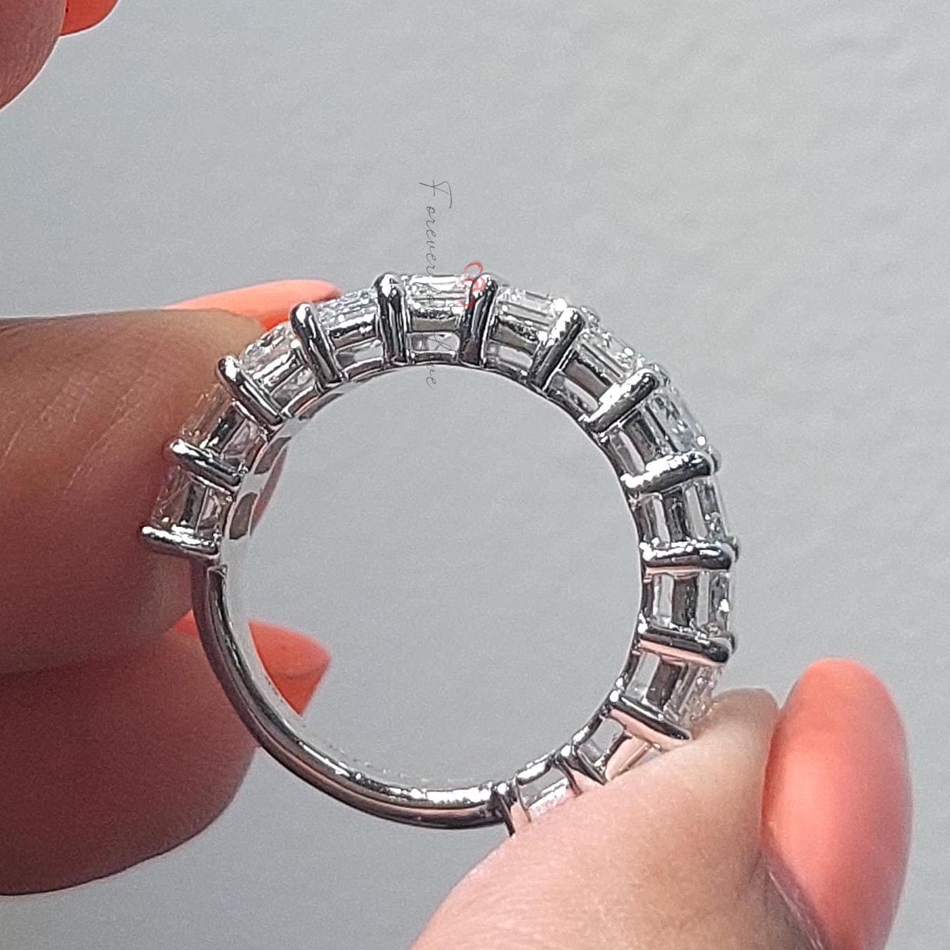 0.4 Ct Emerald Cut Lab Diamond Full Eternity Band Emerald cut Moissanite Brilliant Cut engagement ring in 935 Argentium Silver — custom handcrafted by Forever For Love