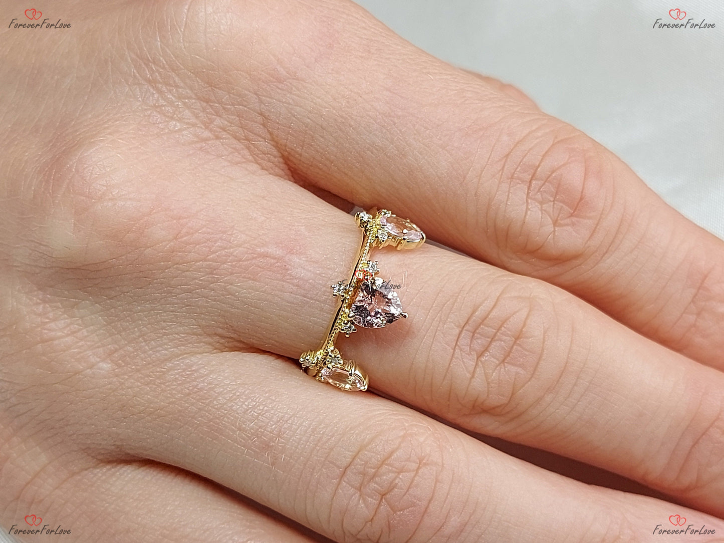 Vintage Morganite Crown Band Ring Princess Wedding Band, Diamond Victorian Band Women, 14K solid Gold Wedding Band | Minimalist Ring Gold Princess cut Natural Morganite engagement ring in 935 Argentium Silver — custom handcrafted by Forever For Love