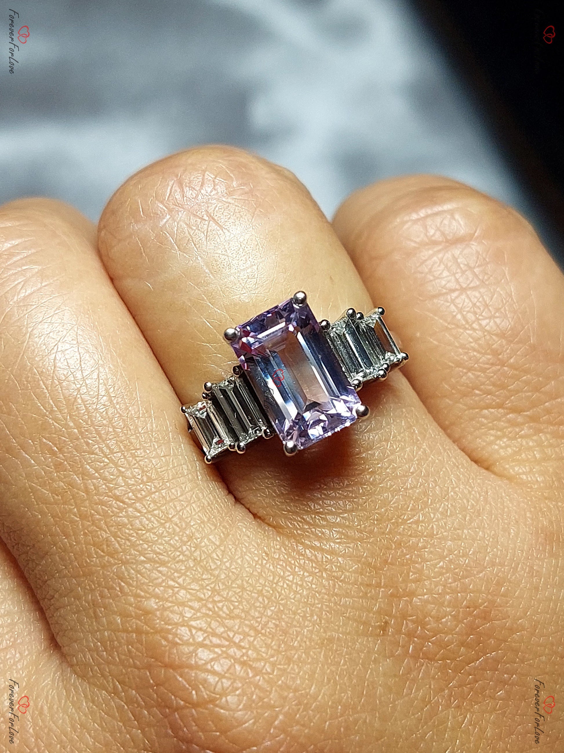 Amethyst and Natural Baguette Diamond Vintage Engagement Ring Platinum Diamond Wedding Bridal Art Deco Anniversary Proposal Gift for her.