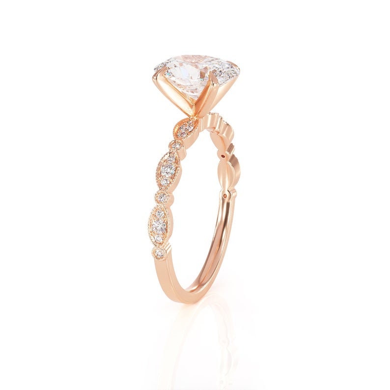 1Ct Vinatge Moissanite Oval Engagement Ring, 7*5mm Moissanite and Diamond Solitaire Art Deco Ring, Rose Gold Moissanite Ring