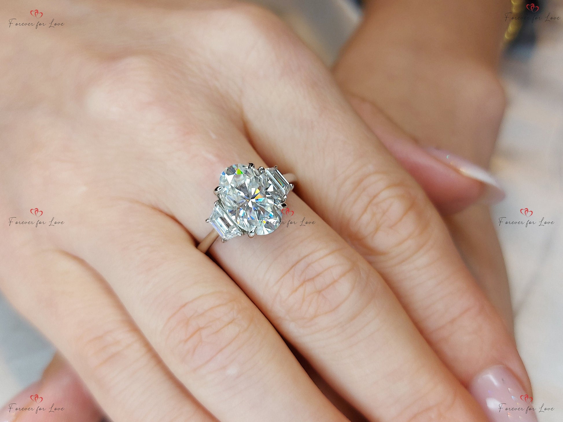 4.6 Ct Oval Moissanite Three Stone Engagement Ring