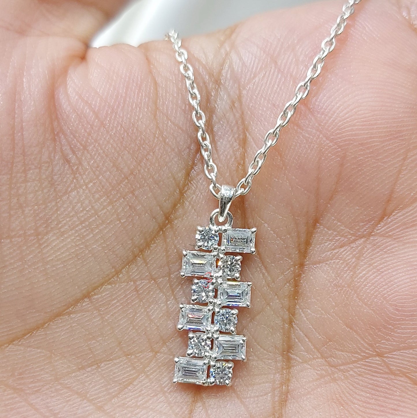 Baguette & Round Diamond Necklace Pendant, 18K white Gold Necklace, Art Deco Asymmetrical  Pendant, Minimalist Elegant Necklace Gift for Her Forever For Love