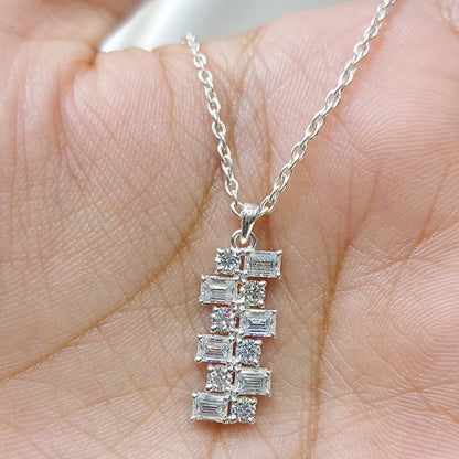 Baguette & Round Diamond Necklace Pendant, 18K white Gold Necklace, Art Deco Asymmetrical  Pendant, Minimalist Elegant Necklace Gift for Her Forever For Love