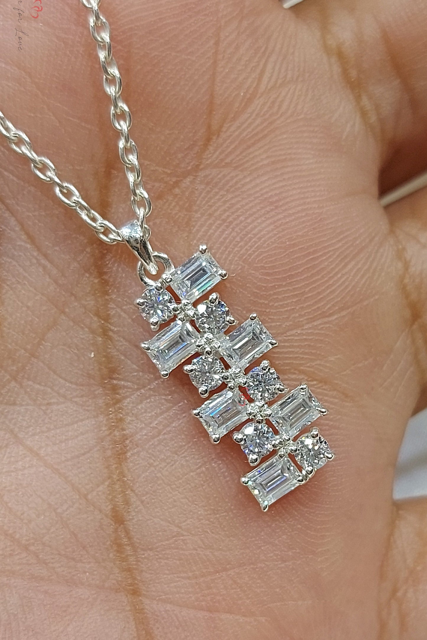 Baguette & Round Diamond Necklace Pendant, 18K white Gold Necklace, Art Deco Asymmetrical  Pendant, Minimalist Elegant Necklace Gift for Her Forever For Love