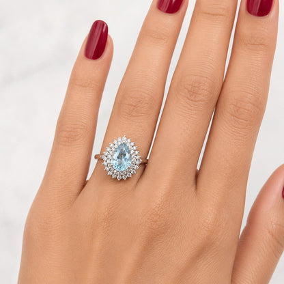 1.5 Ct Double Halo Pear Shape Cut Aquamarine Engagement Ring, Certified Pear cut, Natural Diamond ring, Aquamarine ring, Perfect gift