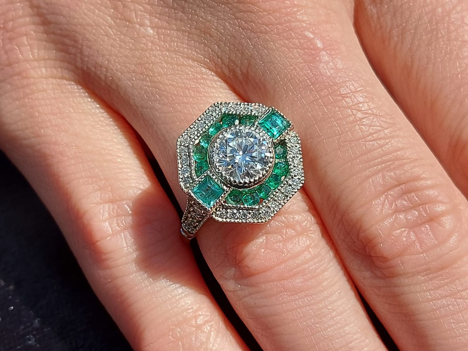 Moissanite, Emerald Halo Engagement Ring