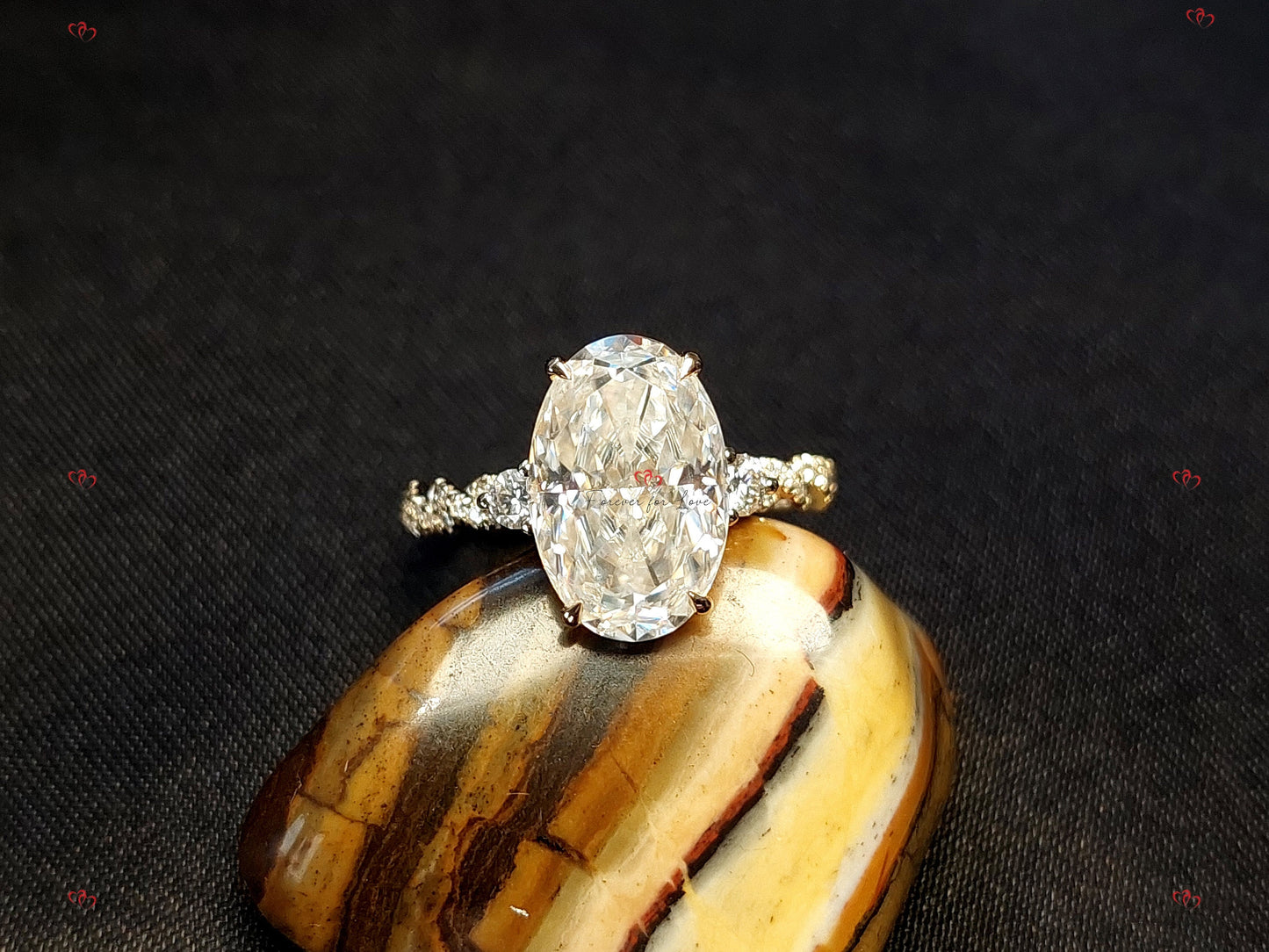 4 Ct Oval Moissanite Twisted Band Hidden Halo Engagement Ring Oval cut 1Ct Moissanite Brilliant Cut engagement ring in 935 Argentium Silver — custom handcrafted by Forever For Love