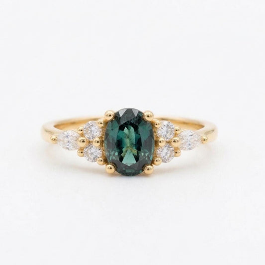 1.5 Ct Oval Green Diamond, Sapphire Engagement Ring