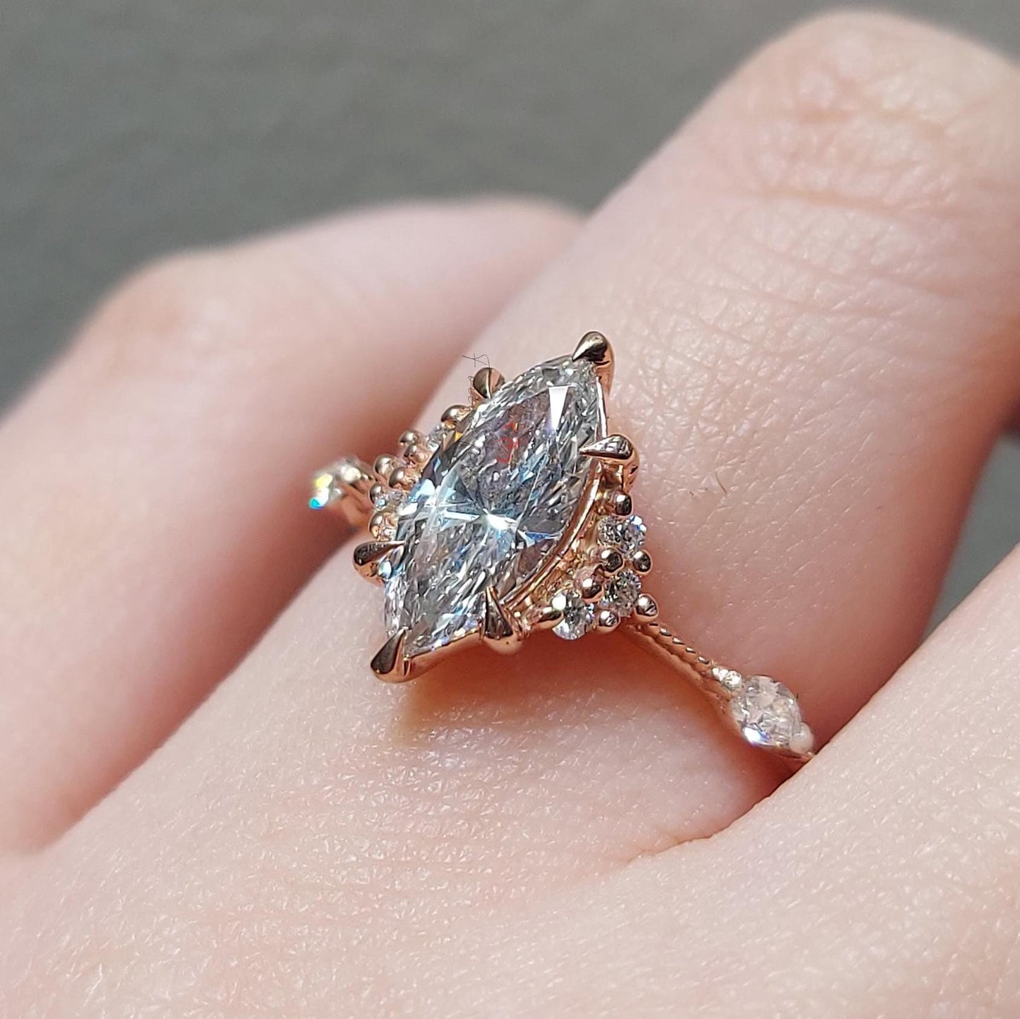 2 Ct Marquise Lab Diamond Vintage Ring with Pear Accent Marquise cut 1Ct Moissanite Brilliant Cut engagement ring in 935 Argentium Silver — custom handcrafted by Forever For Love