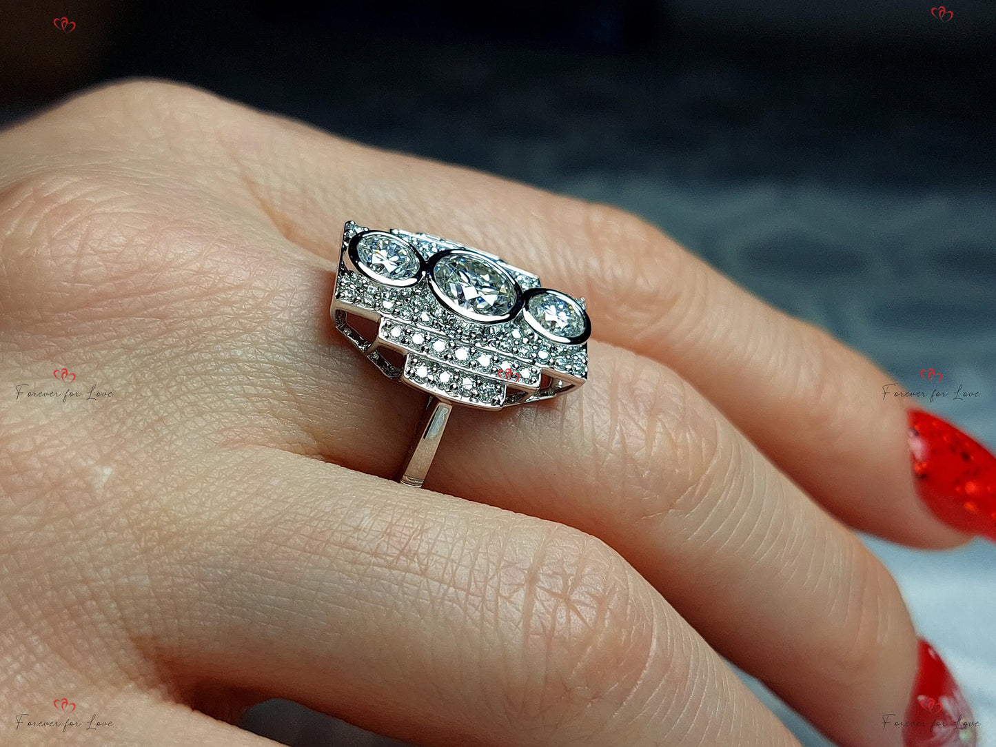 Round Lab Diamond Three Stone Classic Engagement Ring Round cut Moissanite engagement ring in Gold or Platinum — custom handcrafted by Forever For Love