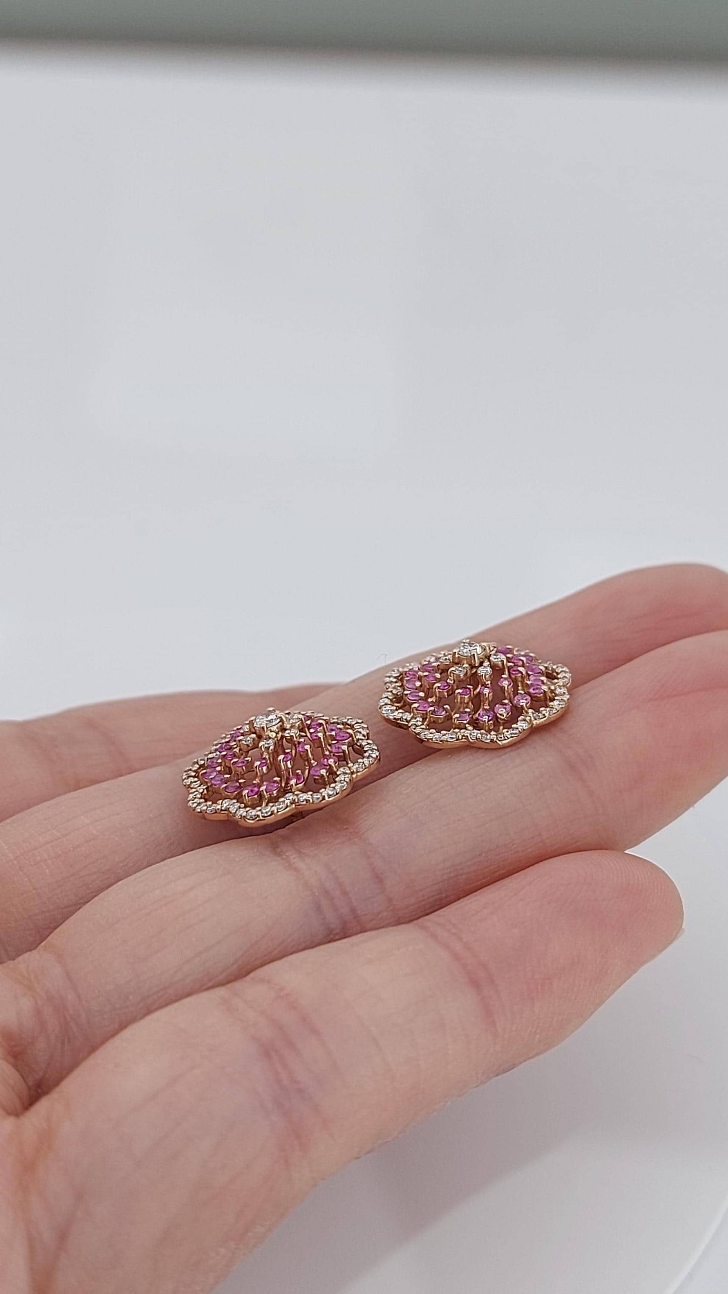 Pink sapphire and diamond stud earrings for mom, mothers day gift. Nature inspired gift for mom. One of a kind earring Moissanite engagement ring in Gold or Platinum — custom handcrafted by Forever For Love