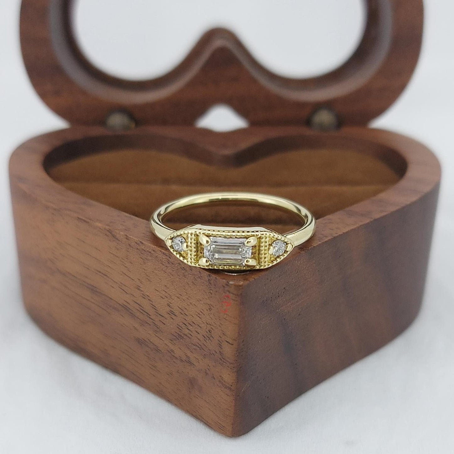 Emerald Diamond Three Stone Engagement Ring Emerald cut Moissanite engagement ring in Gold or Platinum — custom handcrafted by Forever For Love