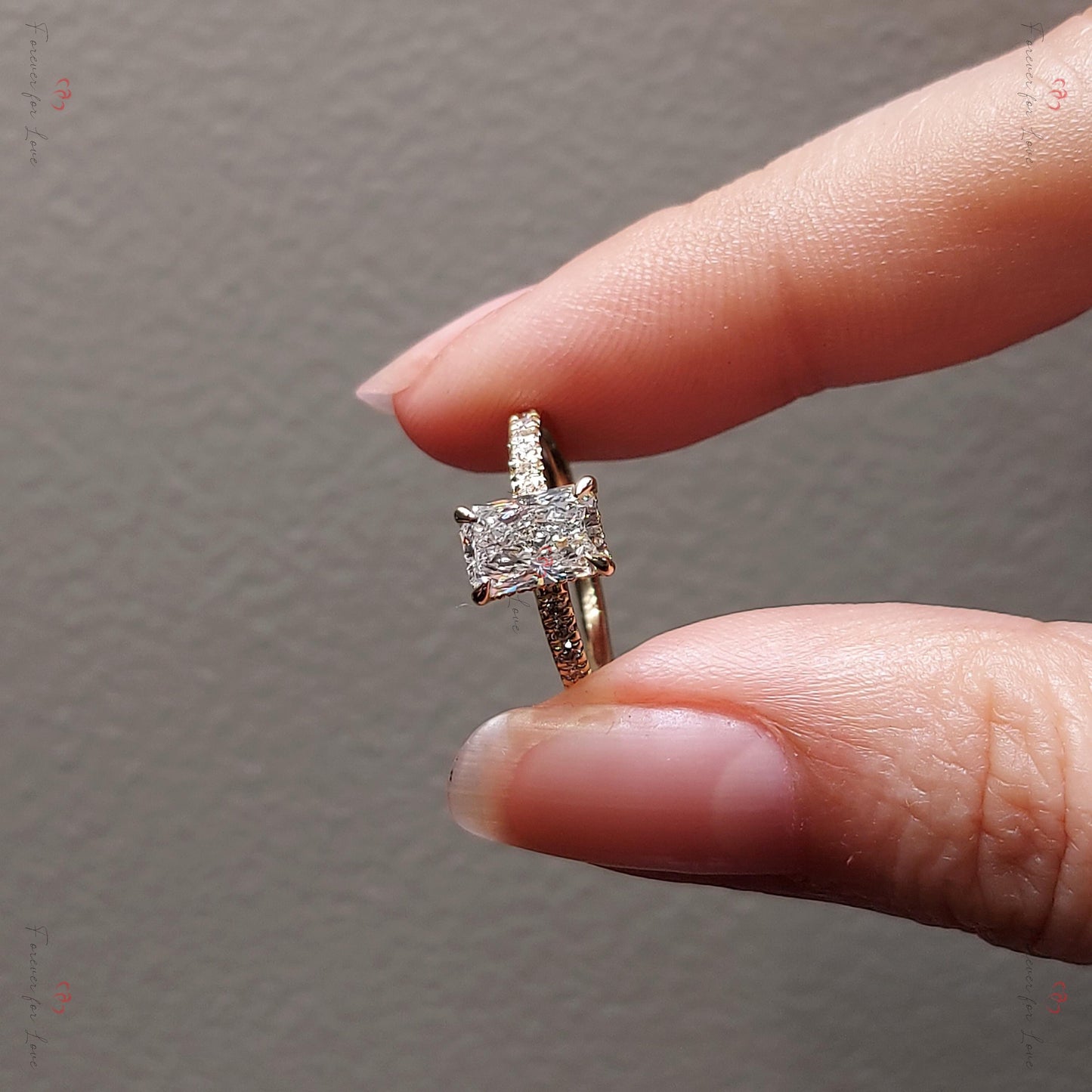 IGI Certified Radiant Lab Diamond, Emerald Hidden Halo Engagement Ring Radiant cut 1Ct Moissanite Brilliant Cut engagement ring in 935 Argentium Silver — custom handcrafted by Forever For Love