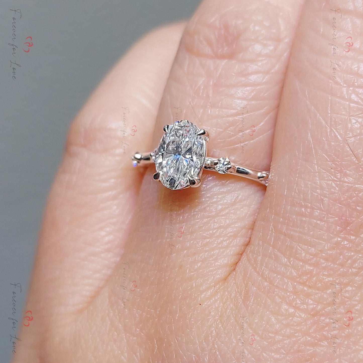 1 Ct Oval Lab Diamond Engagement Ring with Marquise Accents Oval cut 1Ct Moissanite Brilliant Cut engagement ring in 935 Argentium Silver — custom handcrafted by Forever For Love