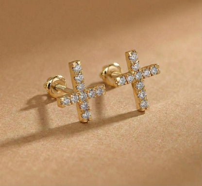 Boucles d'oreilles clous croix en diamant, or massif 10K 14K 18K, boucles d'oreilles religieuses pour elle, cadeau clous diamant, boucles d'oreilles clous croix minimalistes en diamant
