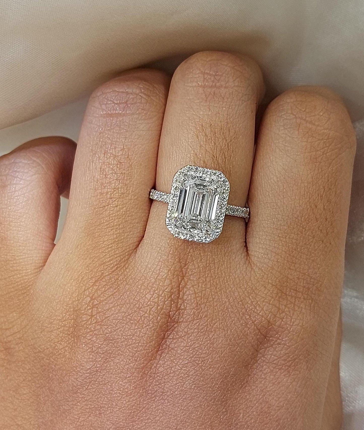 2.3 Ct IGI Certified Emerald Lab Diamond Halo Engagement Ring Emerald cut 1Ct Moissanite Brilliant Cut engagement ring in 935 Argentium Silver — custom handcrafted by Forever For Love