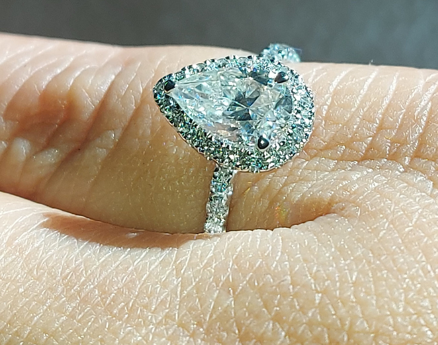 GIA Certified Pear Natural Diamond Halo Engagement Ring Pear cut 1Ct Moissanite Brilliant Cut engagement ring in 935 Argentium Silver — custom handcrafted by Forever For Love