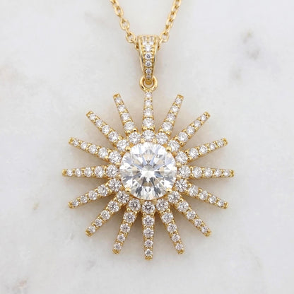 2,1 Karat E/VVS2 zertifizierter runder Diamant-Solitaire-Anhänger im Sunburst-Design mit Kette. 14k Gelbgold, im Labor gezüchteter Diamant, perfektes Geschenk