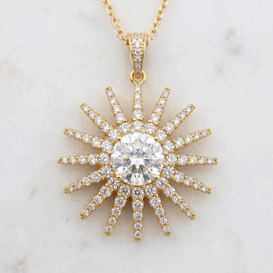 2.1 Carat E/VVS2 Certified Round Cut Sunburst Diamond Solitaire Pendant with Chain. 14k Yellow Gold, Lab Grown Diamond, Perfect gift