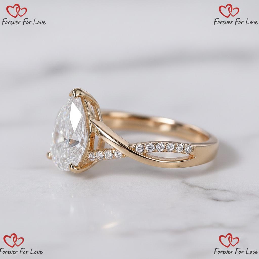 4.5 Ct Pear Lab Diamond Criss-Cross Engagement Ring Pear cut 1Ct Moissanite Brilliant Cut engagement ring in 935 Argentium Silver — custom handcrafted by Forever For Love
