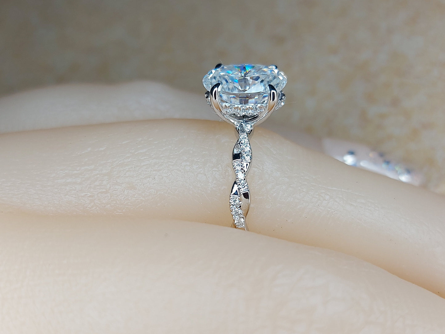 2 Ct Oval Moissanite Twisted Band Engagement Ring Oval cut 1Ct Moissanite Brilliant Cut engagement ring in 935 Argentium Silver — custom handcrafted by Forever For Love