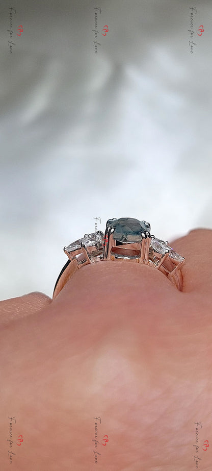 Natural Moss Agate Oval Engagement Ring White Gold Accented Vintage Promise Ring Marquise Diamond Promise Ring Anniversary Wedding Ring