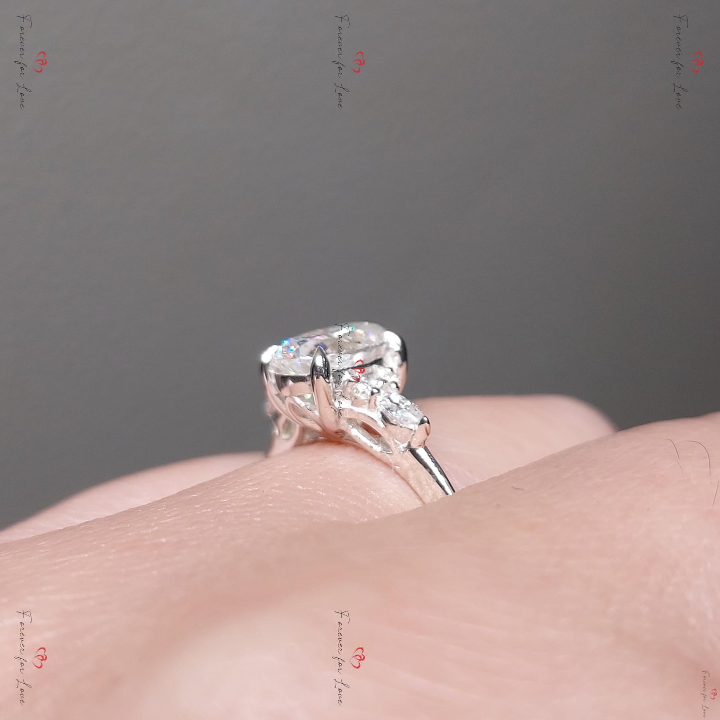 Oval Moissanite Three Stone Engagement Ring Oval cut Moissanite engagement ring in Gold or Platinum — custom handcrafted by Forever For Love