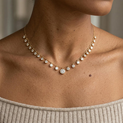 Collier en chaîne avec diamants ronds, diamants de laboratoire étincelants E/VVS2, or jaune 14 carats, collier avec diamants éthiques, bijoux de luxe, cadeau parfait pour elle