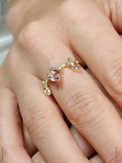 Vintage Morganite Crown Band Ring Princess Wedding Band, Diamond Victorian Band Women, 14K solid Gold Wedding Band | Minimalist Ring Gold
