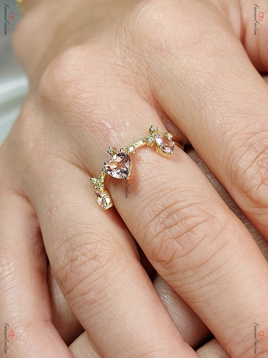 Vintage Morganite Crown Band Ring Princess Wedding Band, Diamond Victorian Band Women, 14K solid Gold Wedding Band | Minimalist Ring Gold
