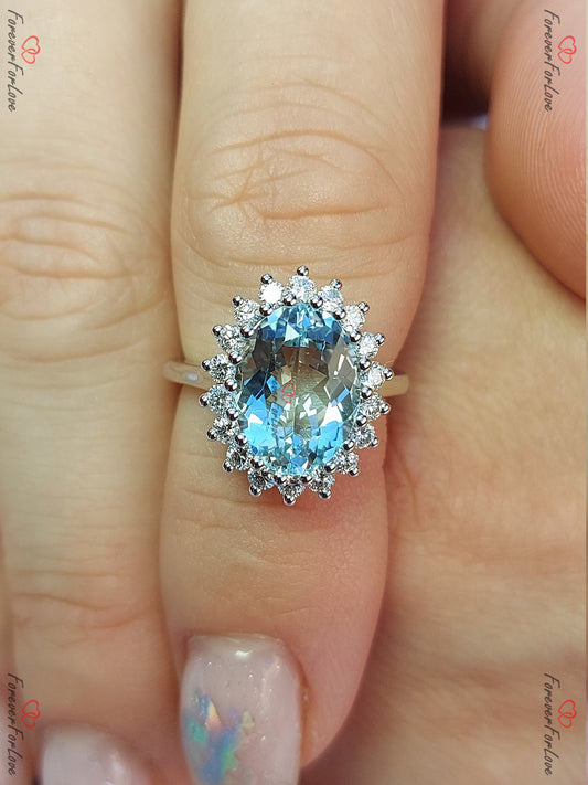 Diamond, Aquamarine Halo Engagement Ring