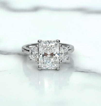 5 Carat E Color VVS2 Clarity IGI Certified Radiant Cut Three Stone Lab Grown Diamond Engagement Ring, Side Trapezoids 14k White Gold