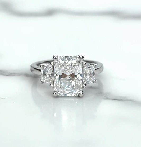 5 Carat E Color VVS2 Clarity IGI Certified Radiant Cut Three Stone Lab Grown Diamond Engagement Ring, Side Trapezoids 14k White Gold