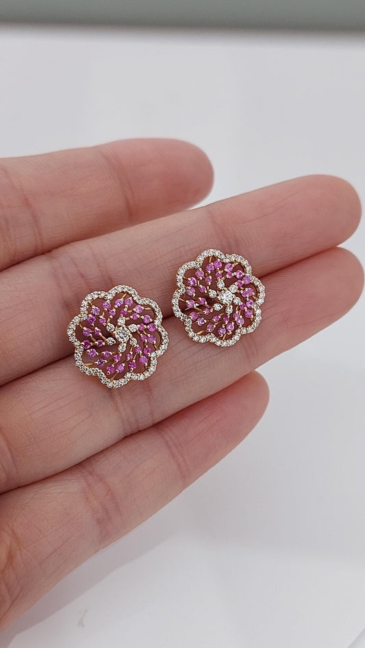 Pink sapphire and diamond stud earrings for mom, mothers day gift. Nature inspired gift for mom. One of a kind earring