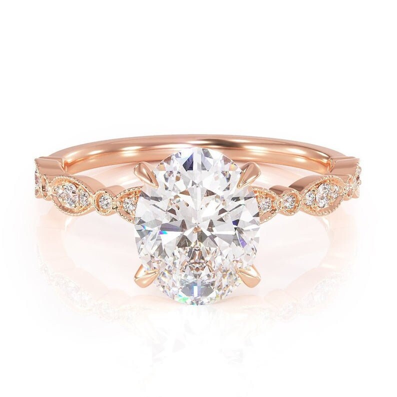 1Ct Vinatge Moissanite Oval Engagement Ring, 7*5mm Moissanite and Diamond Solitaire Art Deco Ring, Rose Gold Moissanite Ring