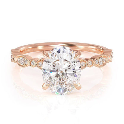 1Ct Vinatge Moissanite Oval Engagement Ring, 7*5mm Moissanite and Diamond Solitaire Art Deco Ring, Rose Gold Moissanite Ring