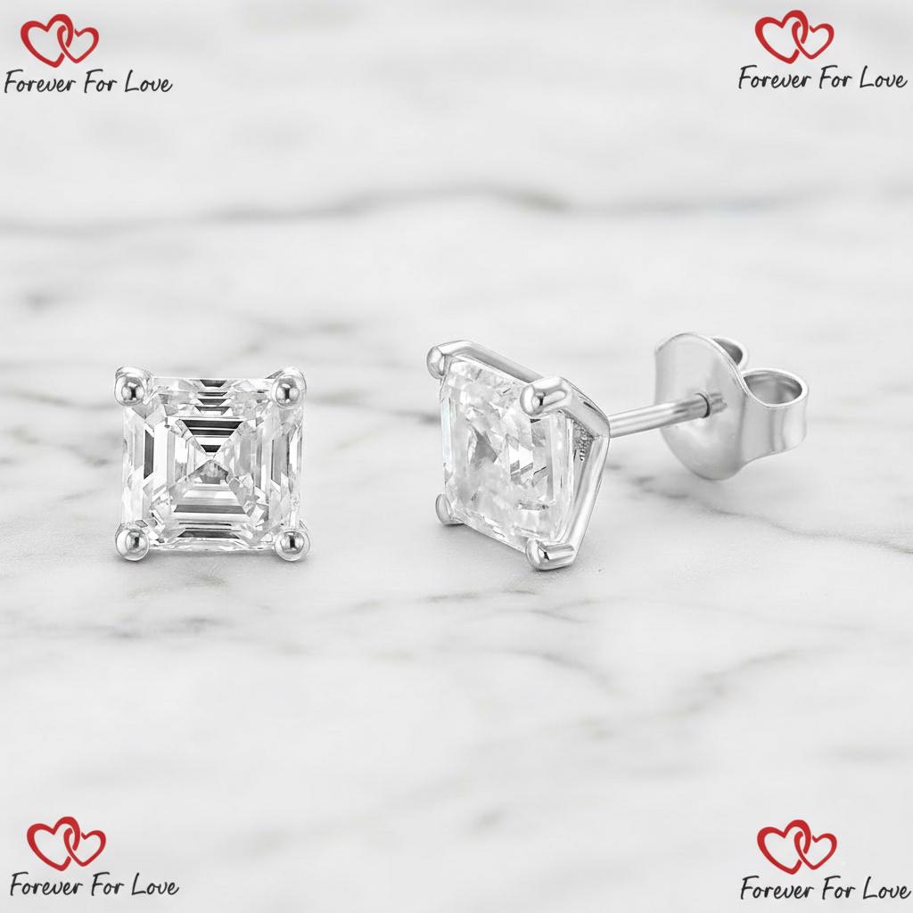 Boucles d'oreilles clous en diamants de laboratoire taille Asscher, poids total 3 carats, couleur E, pureté VVS2, en or blanc 14k avec fermoirs poussoirs, cadeau parfaitement assorti Moissanite engagement ring in Gold or Platinum — custom handcrafted by Forever For Love
