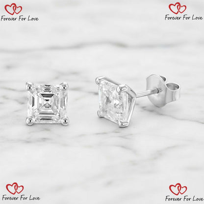 Boucles d'oreilles clous en diamants de laboratoire taille Asscher, poids total 3 carats, couleur E, pureté VVS2, en or blanc 14k avec fermoirs poussoirs, cadeau parfaitement assorti