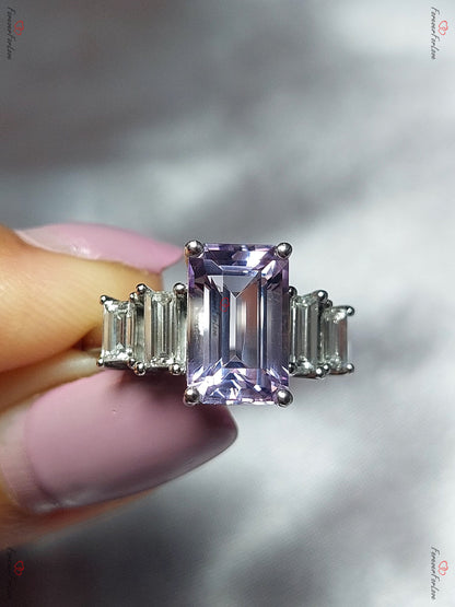 Amethyst and Natural Baguette Diamond Vintage Engagement Ring Platinum Diamond Wedding Bridal Art Deco Anniversary Proposal Gift for her.