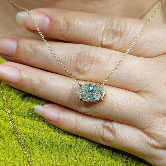 Oval Cut Diamond Solitaire Floating Pendant with 18 inch Chain, IGI Certified 3 Carat F Color VS1 Clarity 14k Yellow Gold, Lab Grown Diamond