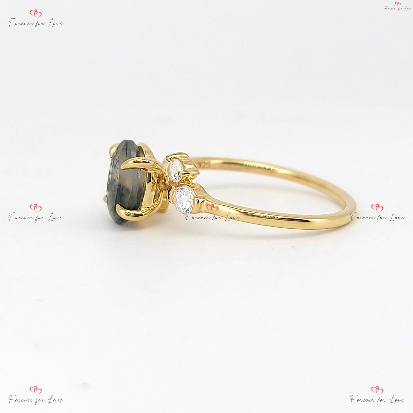 Oval Moss Agate Engagement Ring with Diamond Accents Oval cut Moissanite engagement ring in Gold or Platinum — custom handcrafted by Forever For Love