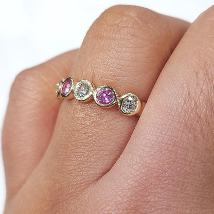 14k Solid Gold Bubble bezel Round Lab Diamond Wedding Band Half Eternity Diamond Engagement Band Diamond and Pink sapphire Alternative Band
