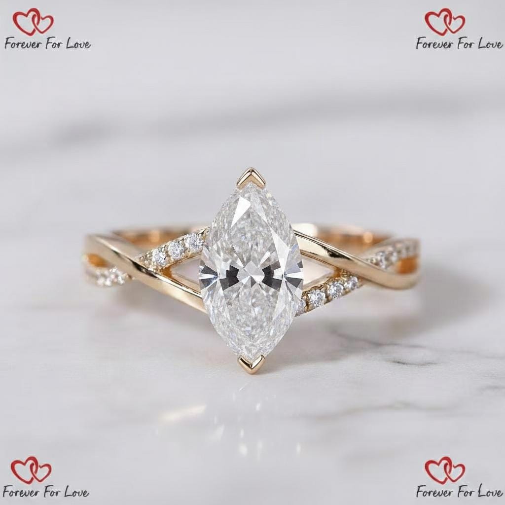 4.1 Ct Marquise Lab Diamond Criss-Cross Engagement Ring Marquise cut 1Ct Moissanite Brilliant Cut engagement ring in 935 Argentium Silver — custom handcrafted by Forever For Love