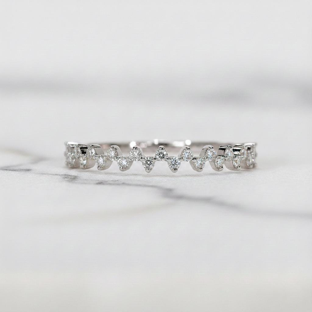 Diamond Wedding Band, Round Diamond Stacking Ring, Zig Zag Diamond Ring for Her Dimond Half Eternity, Anniversary Band, Stackable Ring Round cut Moissanite Brilliant Cut engagement ring in 935 Argentium Silver — custom handcrafted by Forever For Love